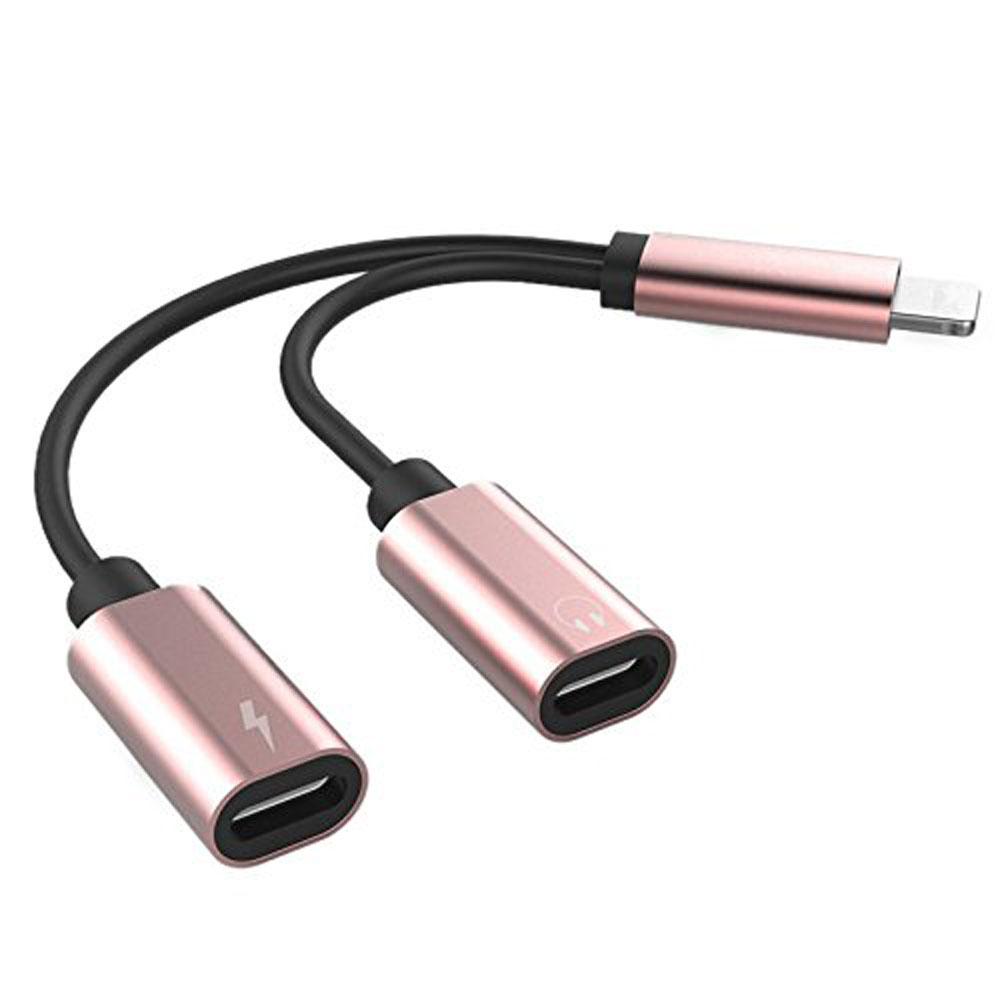 NEW 2-in-1 Lightning iOS Splitter Adapter with Charge Port and Headphone Jack (Rose Gold)